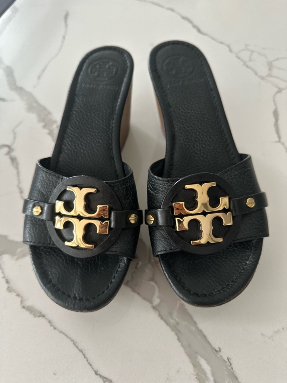 Tory Burch Black Leather Slide Mules with Gold Logo Emblem